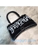Balenciaga Hourglass Small Top Handle Bag in Graffiti Crocodile Embossed Leather All Black 2020