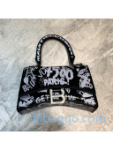 Balenciaga Hourglass Mini Top Handle Bag in Graffiti Smooth Calfskin Black/Silver 2020
