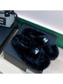 Chanel Rabbit Fur Cross Flat Sandals Black 2020