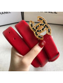 Chanel Width 3cm Leather Belt with CC Chain Buckle Red 2020
