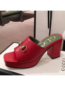 Gucci Leather Horsebit Mid-Heel Platform Slide Sandal ‎602390 Red 2020