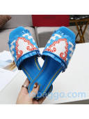 Valentino Print Fringe Flat Slide Sandals Blue 2020