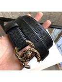 Chanel Width 3cm Grainy Leather Belt with Gold CC Buckle Black 2020