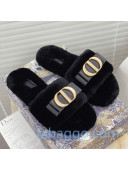 Dior CD Bow Wool Flat Slide Sandals Black 2020