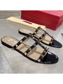 Valentino Rockstud Patent Leather Flat Slide Sandal Black 2021
