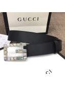 Gucci Width 3.5cm Leather Belt with Crystal Square G Buckle Black 2020