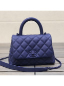 Chanel Quilted Grained Calfskin Mini Flap Bag with Top Handle AS2215 All Navy Blue 2021