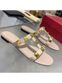 Valentino Roman Stud Calfskin Flat Slide Sandals Nude/Gold 2021