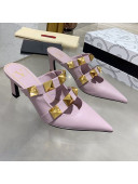 Valentino Roman Stud Calfskin Heel Mules with Sculpted Strap Purple 2021