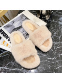 Chanel Fur Wide Strap Flat Sandals Nude 2020
