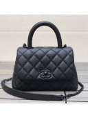 Chanel Quilted Grained Calfskin Mini Flap Bag with Top Handle AS2215 All Black 2021