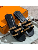 Hermes Oran Horsehair H Slide Sandals Black/Beige 2021