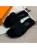 Hermes Oran Wool H Slide Sandals Black 2021
