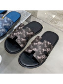 Hermes Men's Izmir Printed Leather Flat Slide Sandals Black/Grey 2021