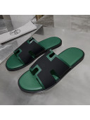 Hermes Men's Izmir Calfskin Flat Slide Sandals Black/Green 01 2021