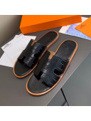 Hermes Men's Izmir Stone Leather Flat Slide Sandals Black 06 2021