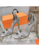 Hermes Premiere Grained Leather Heel 10.5cm Sandals Light Grey 2021 15