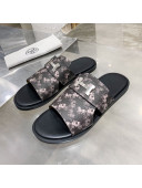 Hermes Men's Izmir H Print Calfskin Flat Slide Sandals Black/Grey 25 2021