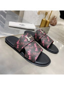 Hermes Men's Izmir H Print Calfskin Flat Slide Sandals Black/Pink 26 2021