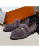 Hermes Suede Mink Fur H Flat Loafers Purple 2020