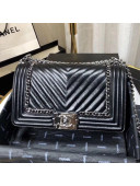 Chanel Medium Crinkled Calfskin Chain Trim Chevron Classic Boy Flap Bag Black 2019