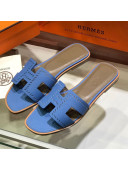 Hermes Santorini Epsom Calfskin Cut-out Classic H Flat Slide Sandals Blue 2021 17