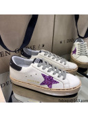 Golden Goose Hi Star Sneakers in White Leather with Purple Glitter Star 2021