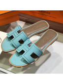 Hermes Santorini Epsom Calfskin Cut-out Classic H Flat Slide Sandals Blue 2021 24