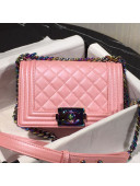 Chanel Rainbow Colored Hardware Quilted Grained Calfskin Small Classic Boy Flap Bag Pink 2019