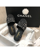 Chanel Embroidered CC Tweed Slide Sandals G34826 Black 2021