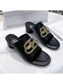 Balenciaga Oval BB Calfskin Low-Heel Mules Slide Sandal Black/Gold 2020