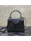 Valentino Small Rockstud Alcove Grainy Calfskin Handbag with All-Over Studs All Black 2021 0488