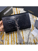 Saint Laurent Kate Chain Wallet with Tassel in Shiny Crocodile Embossed Leather 452159 Black/Silver  
