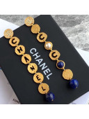 Chanel Round Metal Cutout Lettering Long Earrings AB1601 Gold/Blue 2019