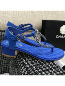 Chanel Leather Heel Thong Sandals with Chain Charm Royal Blue 2021
