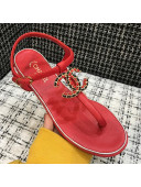 Chanel Lambskin Flat Thong Sandals with Chain CC Red 2021