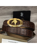 Stefano Ricci Crocodile Embossed Calfskin Belt with Logo Buckle 3.5cm Brown/Gold 2021