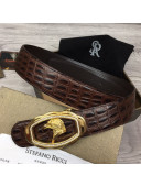 Stefano Ricci Crocodile Embossed Calfskin Belt 3.5cm with Eagle Buckle Brown/Gold 2021
