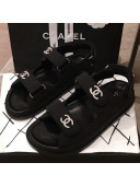 Chanel Canvas Strap Crystal CC Flat Sandals G3445 Black 2020