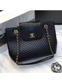 Chanel Chevron Calfskin Strap Shopping Bag Black 2019