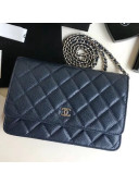 Chanel Quilting Grained Calfskin Wallet on Chain WOC Bag Navy Blue (Silver-tone Metal)