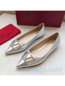 Valentino Crystal VLogo Metallic Leather Flat Ballerinas Silver 2020