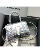 Balenciaga Hourglass Mini Nano Top Handle Bag in Crocodile Embossed Calfskin All Silver 2020