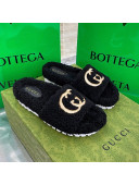 Gucci Shearling Slide Sandals with Interlocking G Embroidery Black 2020