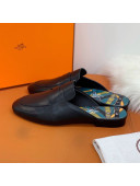 Hermes Catena Supple Calfskin Flat Mules with Cut out H Black 2021