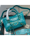 Balenciaga Classic City Mini Bag in Shiny Crocodile Embossed Leather Turquoise Blue 2021