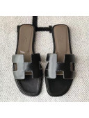 Hermes Oran H Flat Slipper Sandals in Smooth Calfskin Black/Grey 2021(Handmade)