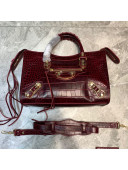 Balenciaga Classic City Small Bag in Shiny Crocodile Embossed Leather Burgundy 2021