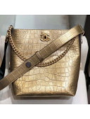 Chanel Crocodile Embossed Leather Bucket Bag with Button Side AS0666 Gold 2019