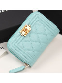 Chanel Quilted Grained Leather Boy Zipped Coin Purse A80602 Light Blue 2019